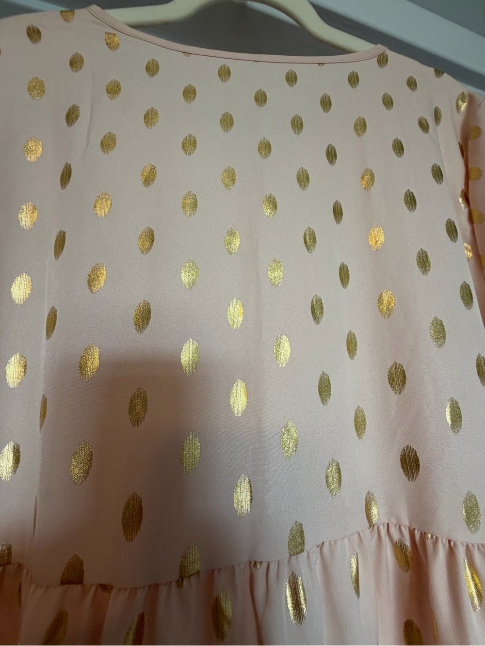 Blush Pink Gold Foil Polka Dot Tiered Maxi Dress Long Sleeve Size L - Picture 3 of 8